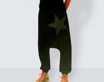 Black drop crotch pants slim fit with a star,  black harem pants, drop crotch pants , baggy sweatpants, lounge pants,urban harem pants