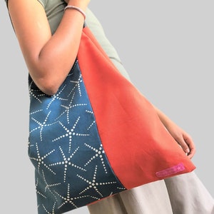 Große Tasche aus Canvas terrakotta petrol, Schultertasche geometrisch, Tasche XXL