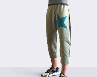 Pantalon baggy olive en tissu jersey avec étoile, sarouel court, sarouel plus taille femme, pantalon de yoga grande taille, pantalon Capri