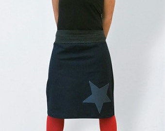 Knee length denim skirt dark blue with star in retro style , flared skirt, blue Skirt, A line Skirt, women denim skirt, casual skirt