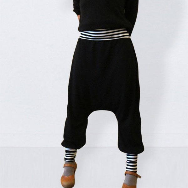 Black harem pants striped cuffs, black casual pants, black bloomers, yoga pants, black baggy pants, pants stripes, loose bottm casual bottom