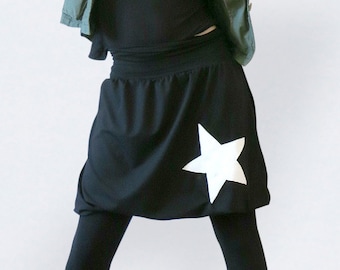 Black balloon skirt made of jersey with a star, jersey skirt, midi skirt, skirt back and white