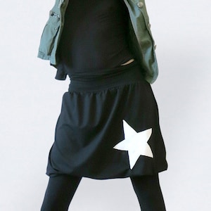 Black balloon skirt made of jersey with a star, jersey skirt, midi skirt, skirt back and white