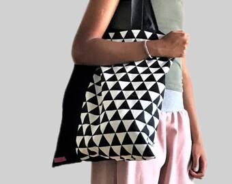 Large shoulder bag black white,  large tote bag beach bag, ethno bag, every day bag,