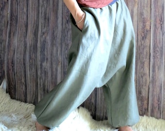 Linen pants women, linen harem pants, yoga pants, sarouel femme, drop crotch pants, yoga clothing, linen plus size, linen pants, baggy pants