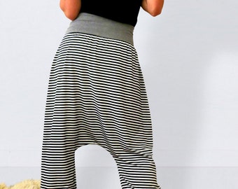 Striped harem pants black white  casual, bloomers,  loose bottom, sarouel, drop crotch pants, striped pants, stripes,  pirates pants