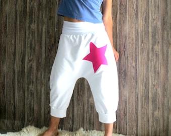 Weiße Yogahose für Frauen  aus Jersey mit Stern , Yoga Hose plus size, weiße Baggy Hose, Haremshose Sommer, Kundalini Yoga