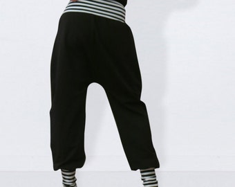 Black pants for women with striped cuffs, sarouel, black bloomers, yoga pants, black  baggy pants, Striped pants, pants black white