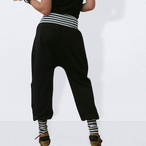 Black pants for women with striped cuffs, sarouel, black bloomers, yoga pants, black  baggy pants, Striped pants, pants black white