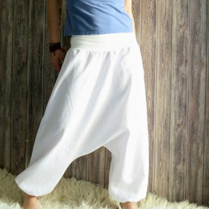 White linen pants for women, linen harem pants, yoga pants, white pants, drop crotch pants, yoga clothing, yoga wear, linen pants,