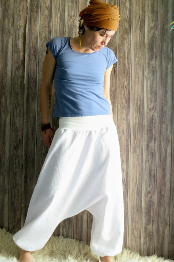 White Linen Pants for Women, Linen Harem Pants, Yoga Pants, White