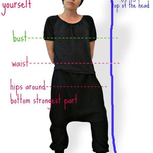 May include: Diagram showing how to measure different parts of the body for clothing, including bust, waist, hips, and overall body length. The diagram shows a person standing with their arms at their sides, and the measurements are marked with lines.
