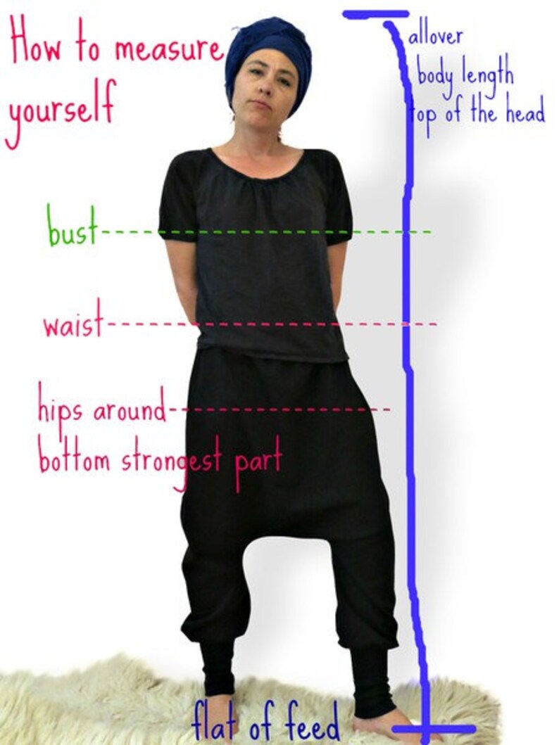 May include: Diagram showing how to measure different parts of the body for clothing, including bust, waist, hips, and overall body length. The diagram shows a person standing with their arms at their sides, and the measurements are marked with lines.