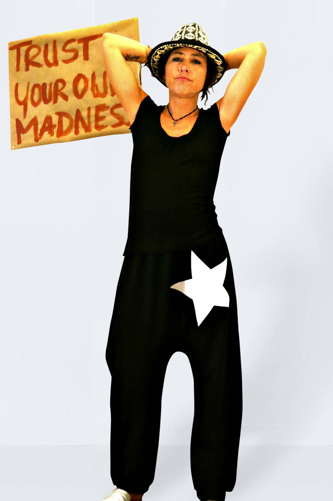 Black Drop Crotch Pants Made Of Jersey With A Star Custom Made Pants black-drop-crotch-pants-made-of-jersey-with-a-star-custom-made-pants