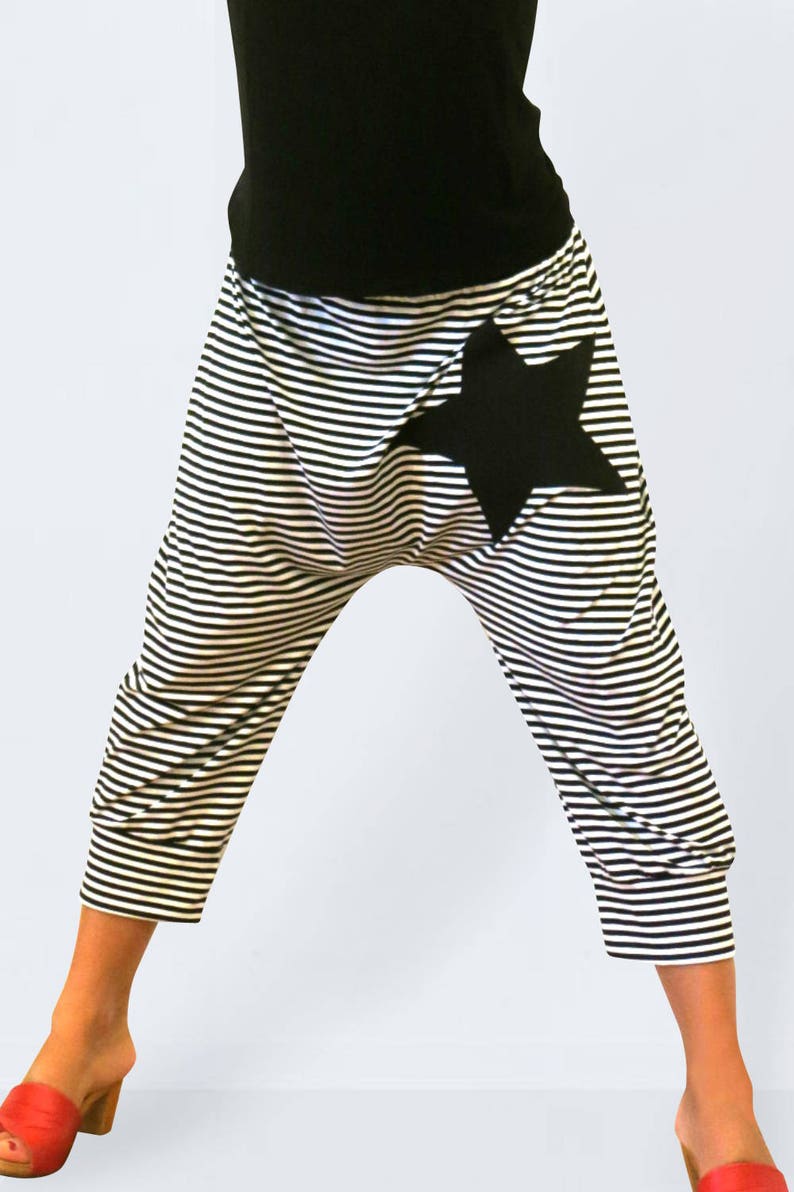 Striped pants black and white made of jersey with a star, striped pants black & white, pants stripes, women black white image 3