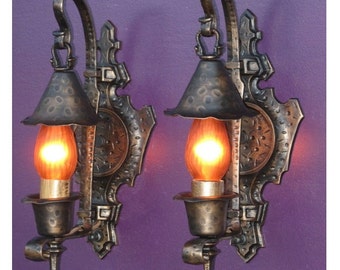 Antique Storybook Tudor Spanish Revival Vintage Single Bulb Wall Sconces