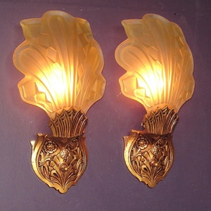 Rare Pair Vintage Art Deco Slip Shade Wall Sconces