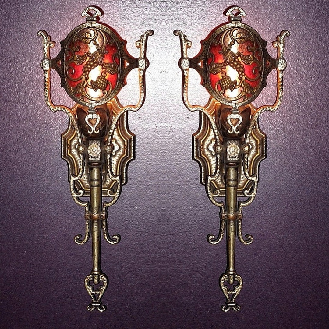 3 Pair Bronze Vintage Wall Sconces With Mica Medallion Shade. Priced