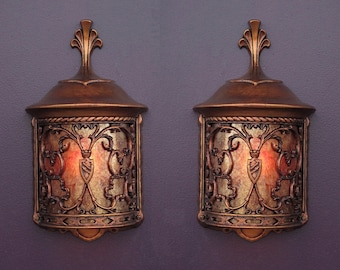 2 Vintage Spanish Revival Storybook Wall Fixture with Mica Shade priced each