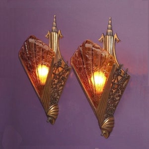 Ultra Deco 1930s Pair Bronze Slip Shade Sconces with Rootbeer colored shades, priced per pair. Two pair available