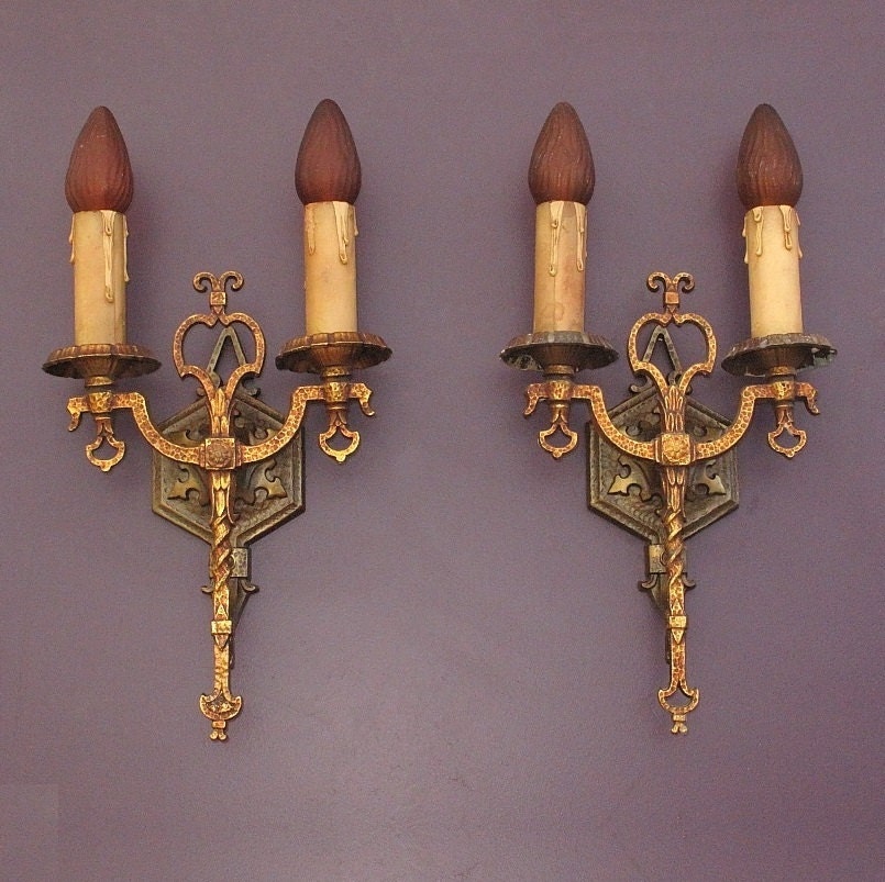 Pair Tudor Revival Style 2 bulb Wall Lamps; 4 pair available, priced per pair