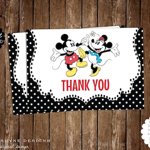 INSTANT DOWNLOAD . Mickey and Minnie Mouse Modern Thank Card . Blank Thank You .3.5x5 Folded Card .PDF File . Print Yourself .Vintage Mickey
