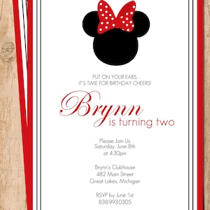 Minnie Souris . Rouge et Noir .  Invitation d’anniversaire imprimable .  Fichier numérique