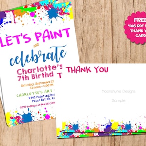 Kunst Verjaardagsuitnodiging . Creatieve verjaardag . JPEG- of PDF-bestand . Laten we schilderen verjaardag . Print zelf . GRATIS bedankkaart . Schilderfeest