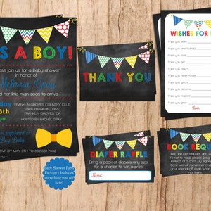 Boy Oh Boy Baby Shower Party Pack . Banner con colores rojo azul amarillo. Invitar a la rifa de pañales Solicitud de libros de agradecimiento Deseos para el bebé