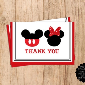 INSTANT DOWNLOAD . Mickey and Minnie Mouse Modern Thank Card . Blank Thank You . 3.5x5 Folded Card . PDF File . Print Yourself .