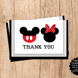 INSTANT DOWNLOAD . Mickey and Minnie Mouse Modern Thank Card . Blank Thank You . 3.5x5 Folded Card . PDF File . Print Yourself .