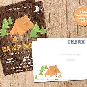 Moderne Camping Verjaardagsuitnodiging . Outdoor Verjaardag . JPEG- of PDF-bestand . Camping Birthday .Tent. Print jezelf . GRATIS bedankkaart