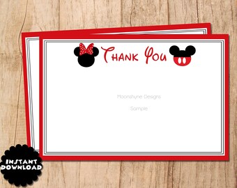 INSTANT DOWNLOAD . Mickey and Minnie Mouse Modern Thank Card . Blank Thank You . 4X6 Flat Thank you card . PDF File . Print Yourself. Disney