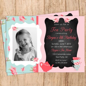 Shabby Chic Tee Party GeburtstagSeinladung. Digitale Datei. Teetassen. Kleine Mädchen Geburtstagseinladung. JPEG- oder PDF-Datei