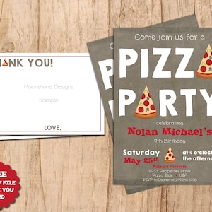 Convite de aniversário para festa de pizza. Aniversário da pizzaria. Arquivo JPEG ou PDF. Aniversário de pizza. Moderno. Imprima você mesmo. Cartão de agradecimento GRATUITO. Crianças