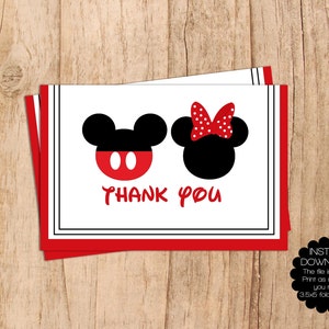 INSTANT DOWNLOAD . Mickey and Minnie Mouse Modern Thank Card . Blank Thank You . 3.5x5 Folded Card . PDF File . Print Yourself .