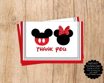 INSTANT DOWNLOAD . Mickey and Minnie Mouse Modern Thank Card . Blank Thank You . 3.5x5 Folded Card . PDF File . Print Yourself .