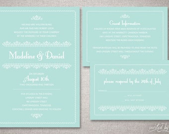 Romantic Vintage "Madeline" Custom Wedding Invitations Suite in Mint - Classic Elegant Invite - DIY Digital Printable or Printed Invitation