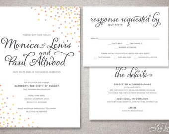 Whimsy Confetti "Monica" Wedding Invitation Suite - Polka Dot Champagne Bubbles Calligraphy Script Invitations - Printable or Printed Invite