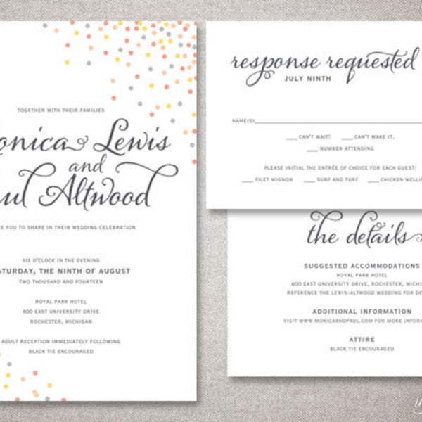 Whimsy Confetti "Monica" Wedding Invitation Suite - Polka Dot Champagne Bubbles Calligraphy Script Invitations - Printable or Printed Invite