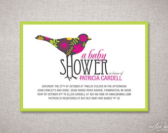 Whimsical Floral Bird Personalized Unique Baby Shower Invitation - DIY Digital Printable or Printed Invite