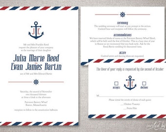 Nautical "Julia" Wedding Invitation Suite - Anchor Sailing Destination Invitations - Personalized DIY Digital Printable or Printed Invite
