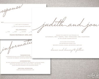 Modern Script "Judith" Wedding Invitations Suite - Rustic Handwritten Calligraphy Clean - Custom DIY Digital Printable or Printed Invitation
