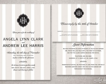 Elegant Stripe Monogram "Angela" Wedding Invitation Suite - Modern Traditional Custom Invitations - Digital Printable / Printed Invite