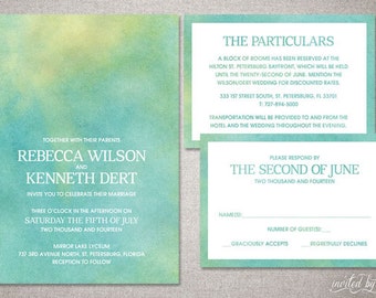 Watercolor Ombre "Rebecca" Wedding Invitation Suite - Whimsy Modern Beautiful Unique Invitations - DIY Digital Printable or Printed Invite