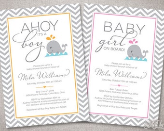 Nautical Chevron Whale Baby Shower Invitation - Boy or Girl - DIY Digital Printable or Printed Personalized Invite