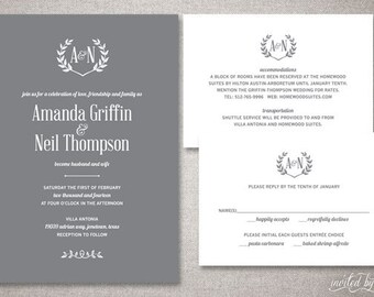 Rustic Monogram "Amanda" Wedding Invitations Suite - Laurel Wreath Woodland Invite - Custom DIY Digital Printable or Printed Invitation