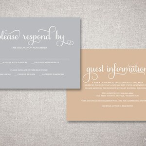 May include: Two wedding invitation cards. One is gray with white script that reads "please respond by" and includes RSVP options. The other is tan with "guest information" in white script.
