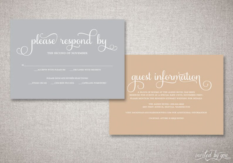 May include: Two wedding invitation cards. One is gray with white script that reads "please respond by" and includes RSVP options. The other is tan with "guest information" in white script.