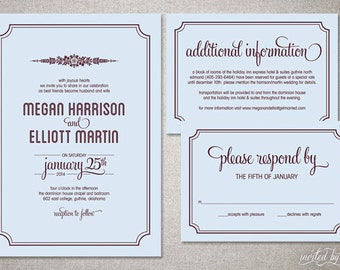 Floral "Megan" Wedding Invitation Suite - Rustic Retro Folk Inspired Invitations - Personalized DIY Digital Printable or Printed Invite